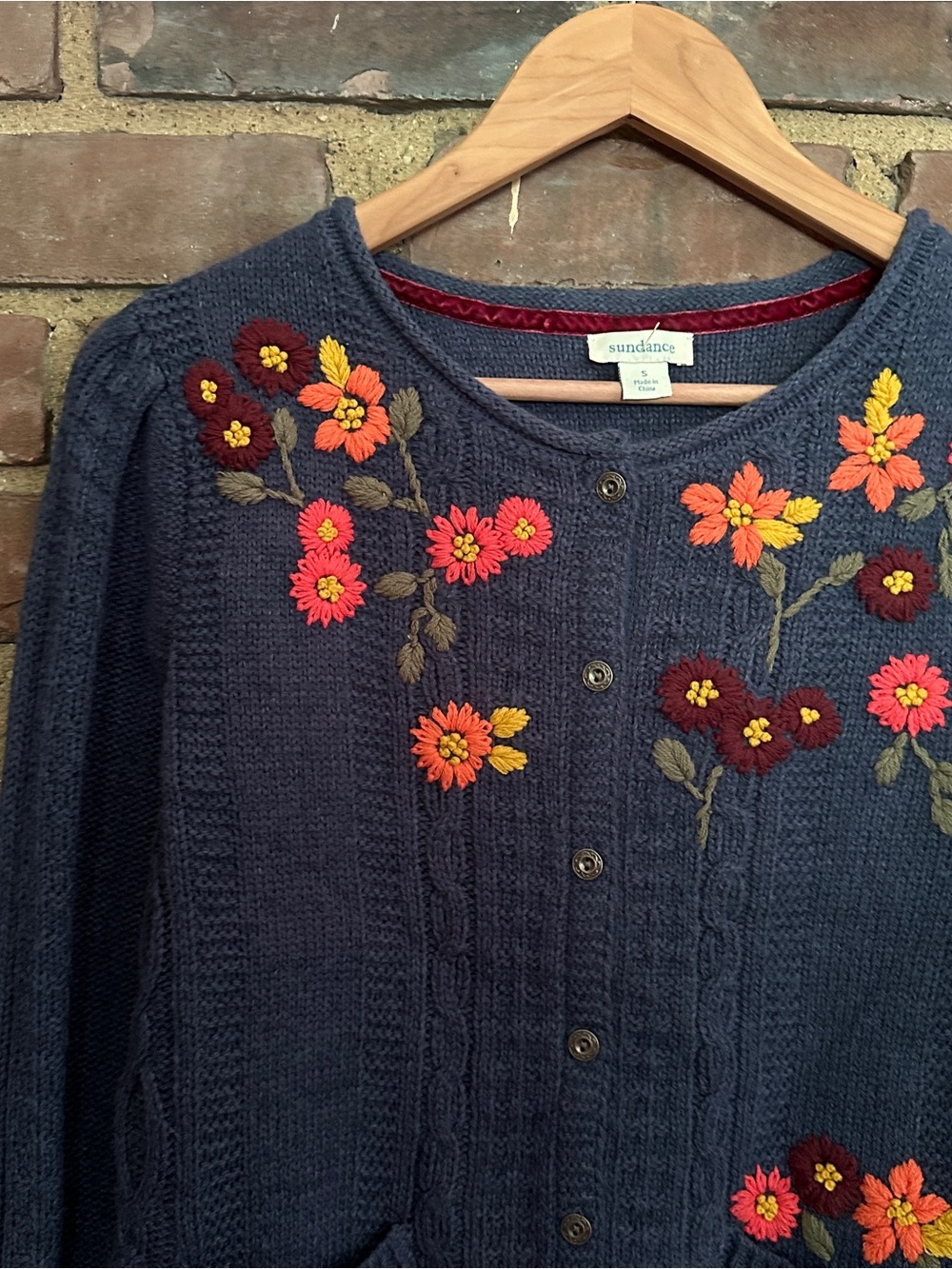 Sundance Cardigan Blue Floral Embroidered Wool Blend SMALL 38 chest / 22” long